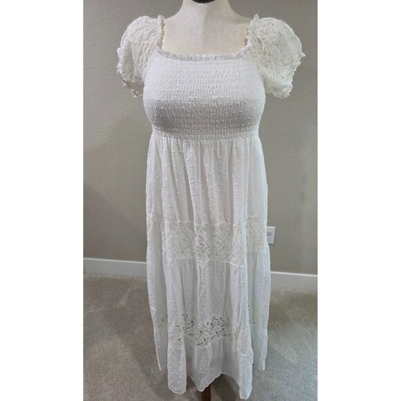 White Lace & Smocked Midi Dress Short Puff Sleeves Anna-Kaci 1X - Picture 1 of 5